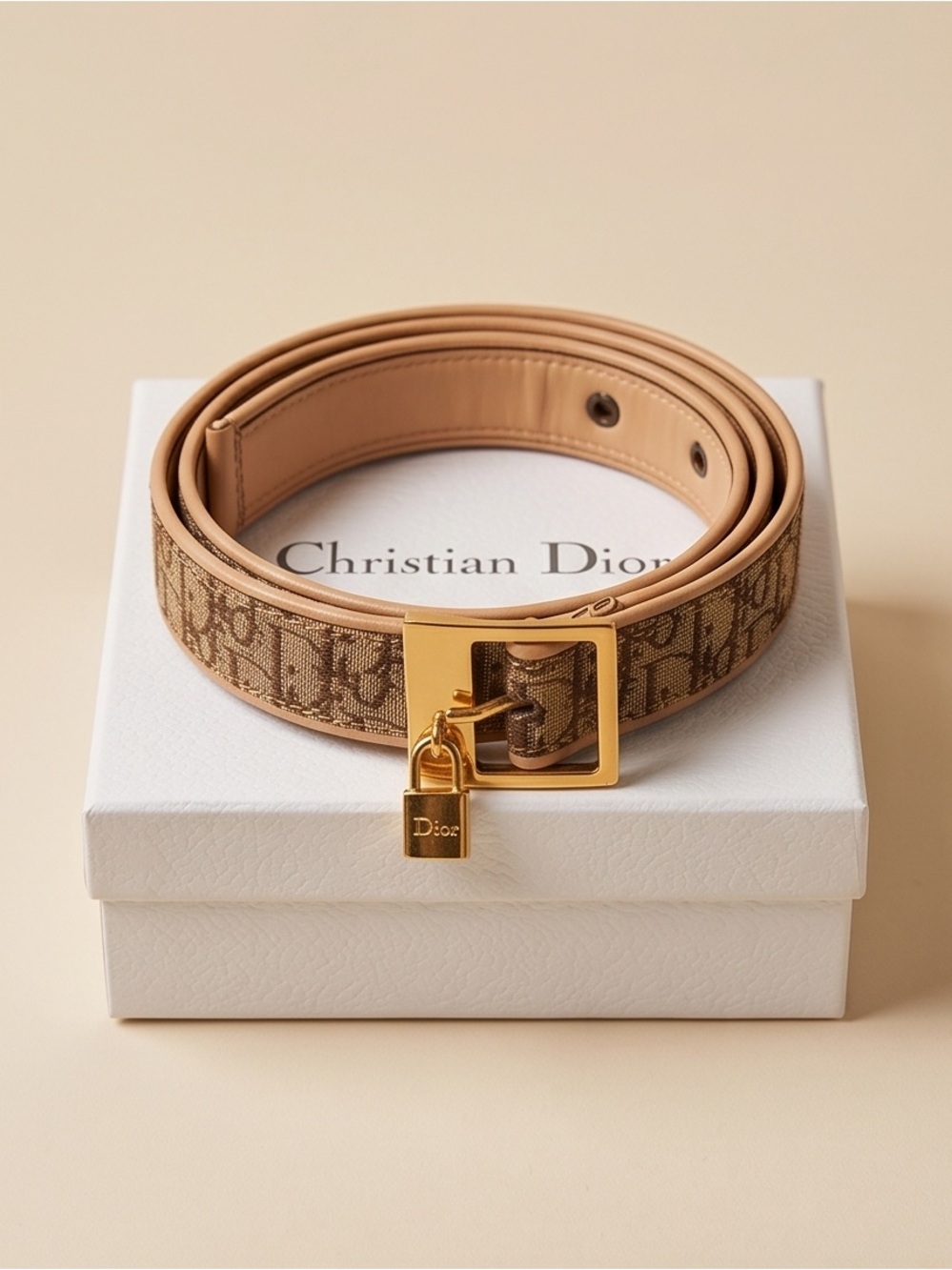 Vintage Dior Tan Monogram Canvas Belt with Gold Padlock Buckle